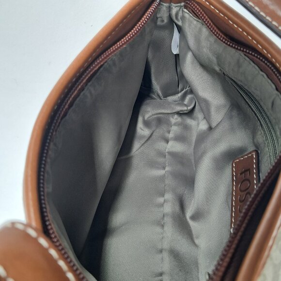 Vtg Fossil Brown Green Signature Jacquard Fabric Leather Trim Shoulder Demi Bag - Picture 10 of 14